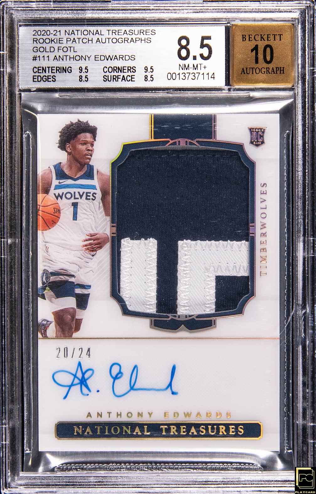 2020-21 Panini National Treasures Rookie Patch Autograph (RPA) Gold FOTL #111 Anthony Edwards Signed Patch Rookie Card (#20/24) - BGS 8.5, Beckett 10