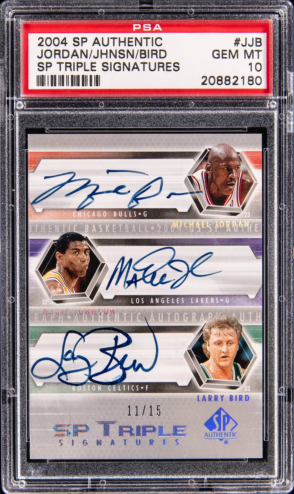 2004-05 Upper Deck SP Authentic SP Triple Signatures #SP3-JJB Michael Jordan/Magic Johnson/Larry Bird Multi-Signed Card (#11/15) - PSA 10