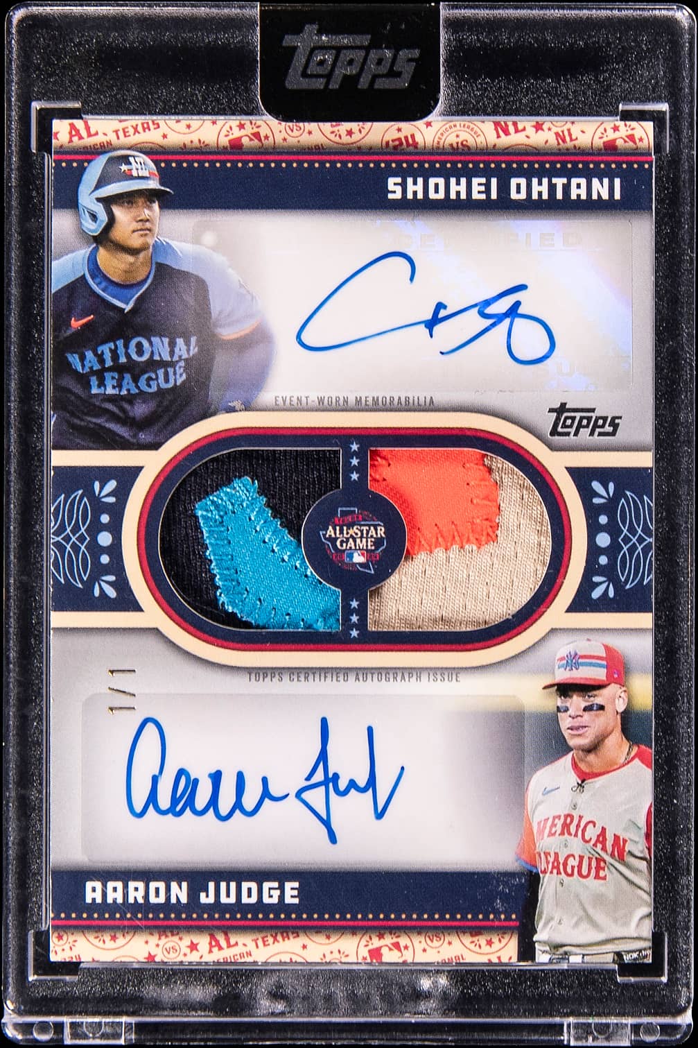 2024 Topps Update All-Star Stitches Dual Autographs Platinum #ASSDA-OJ Shohei Ohtani/Aaron Judge Dual-Signed Patch Card (#1/1) - Topps Encased