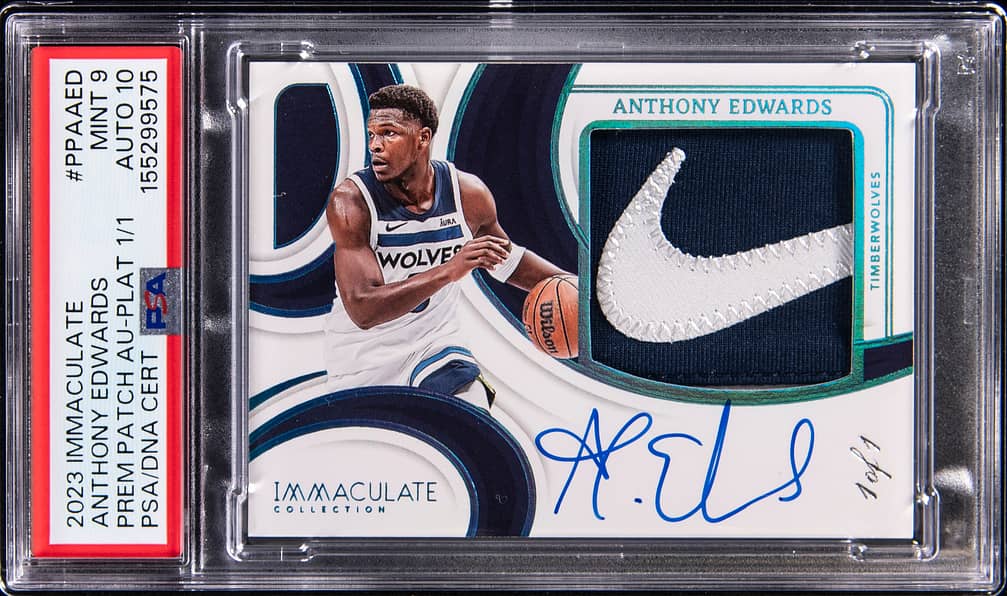 2023-24 Panini Immaculate Collection Premium Patch Autographs Platinum #PPA-AED Anthony Edwards Signed Patch Card (#1/1) - PSA 9, PSA/DNA GEM MT 10