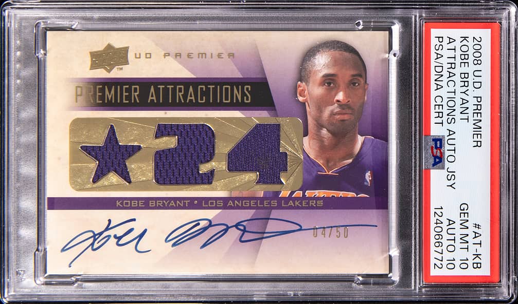 2008-09 Upper Deck Premier Attractions Autograph Jersey #AT-KB Kobe Bryant Signed Game-Used Relic Card (#04/50) - PSA 10, PSA/DNA GEM MT 10