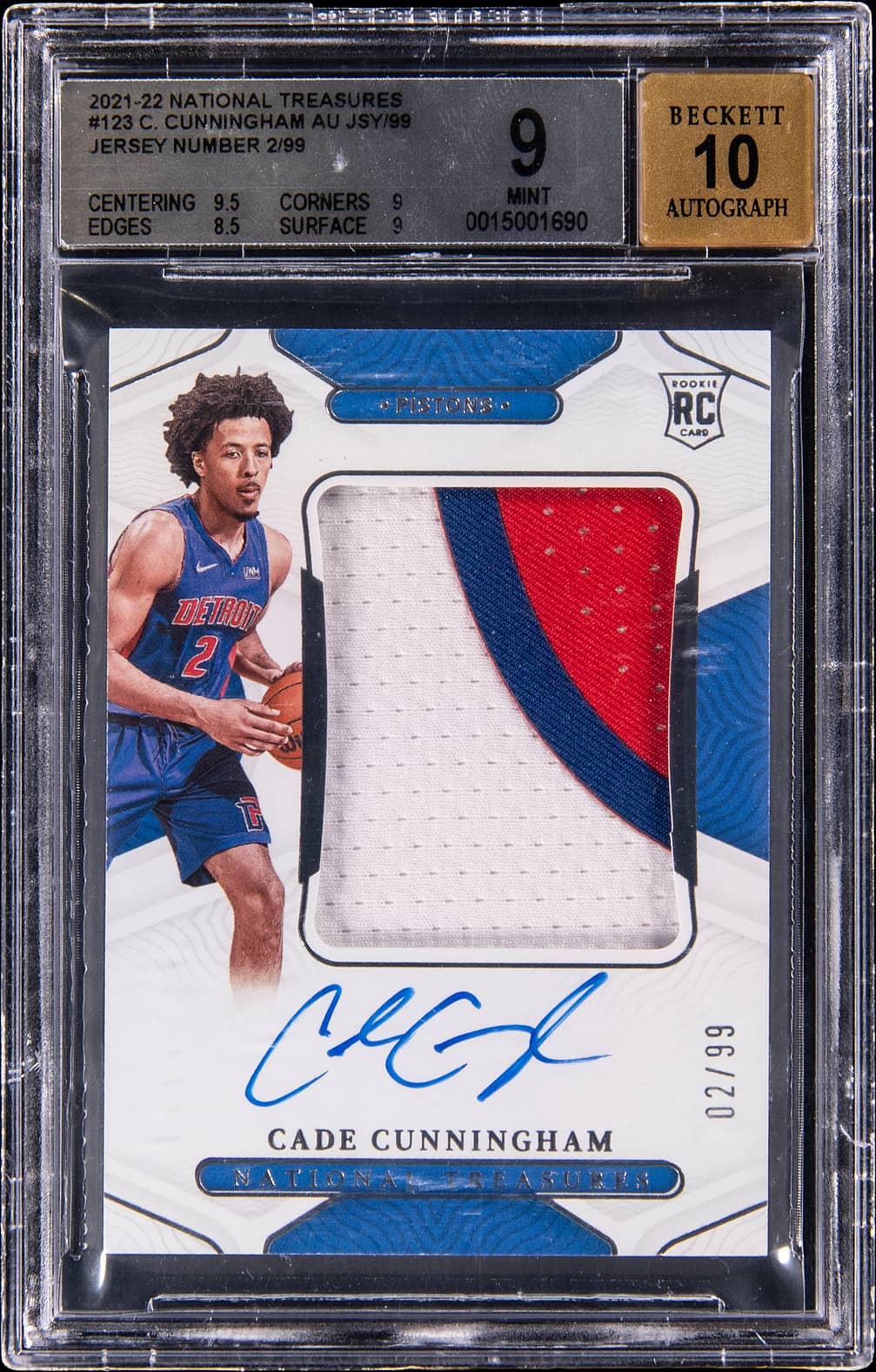2021-22 Panini National Treasures Rookie Patch Autograph (RPA) #123 Cade Cunningham Signed Patch Rookie Card (#02/99) - Jersey Number - BGS 9, Beckett 10