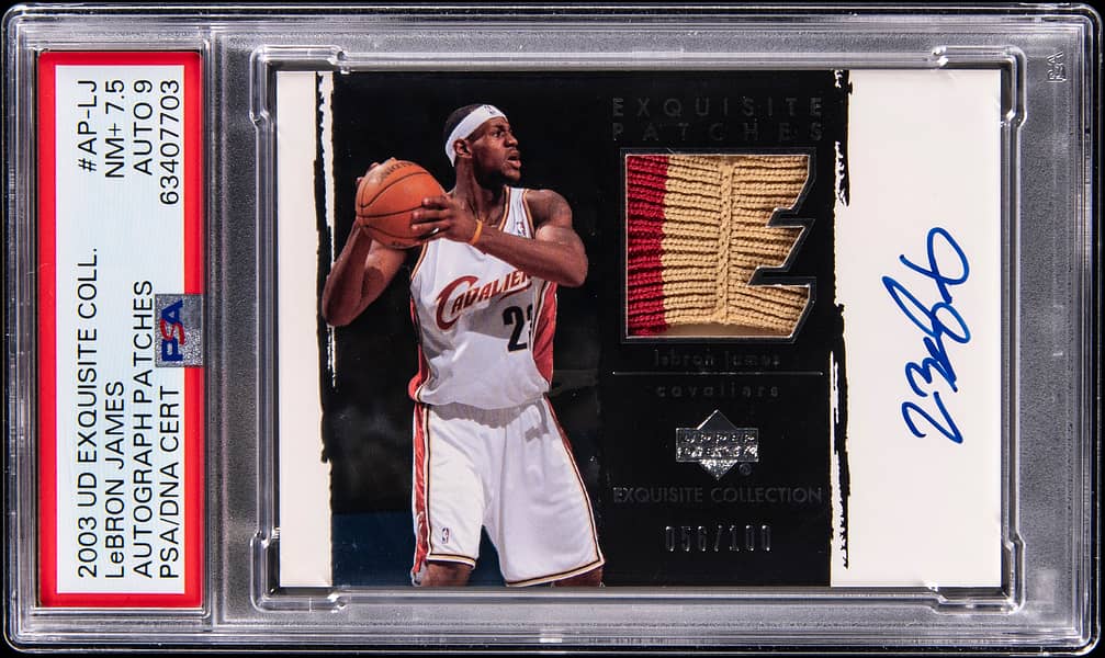 2003-04 Upper Deck Exquisite Collection Patches Autographs #AP-LJ LeBron James Signed Game-Used Patch Rookie Card (#056/100) - PSA 7.5, PSA/DNA Mint 9