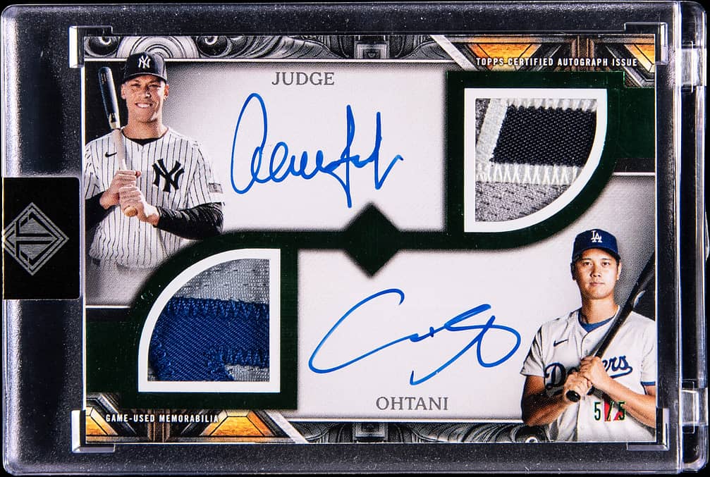 2025 Topps Transcendent Collection Dual Patch Autographs Emerald #DPA-JO Aaron Judge/Shohei Ohtani Dual-Signed Patch Card (#5/5) - Topps Encased
