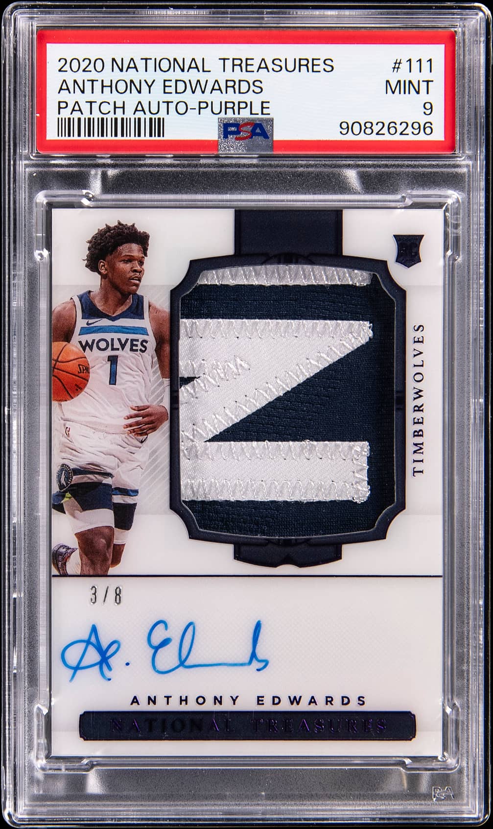 2020-21 Panini National Treasures Rookie Patch Autographs (RPA) Purple 1st Off the Line (FOTL) #111 Anthony Edwards Signed Patch Rookie Card (#3/8) - PSA 9
