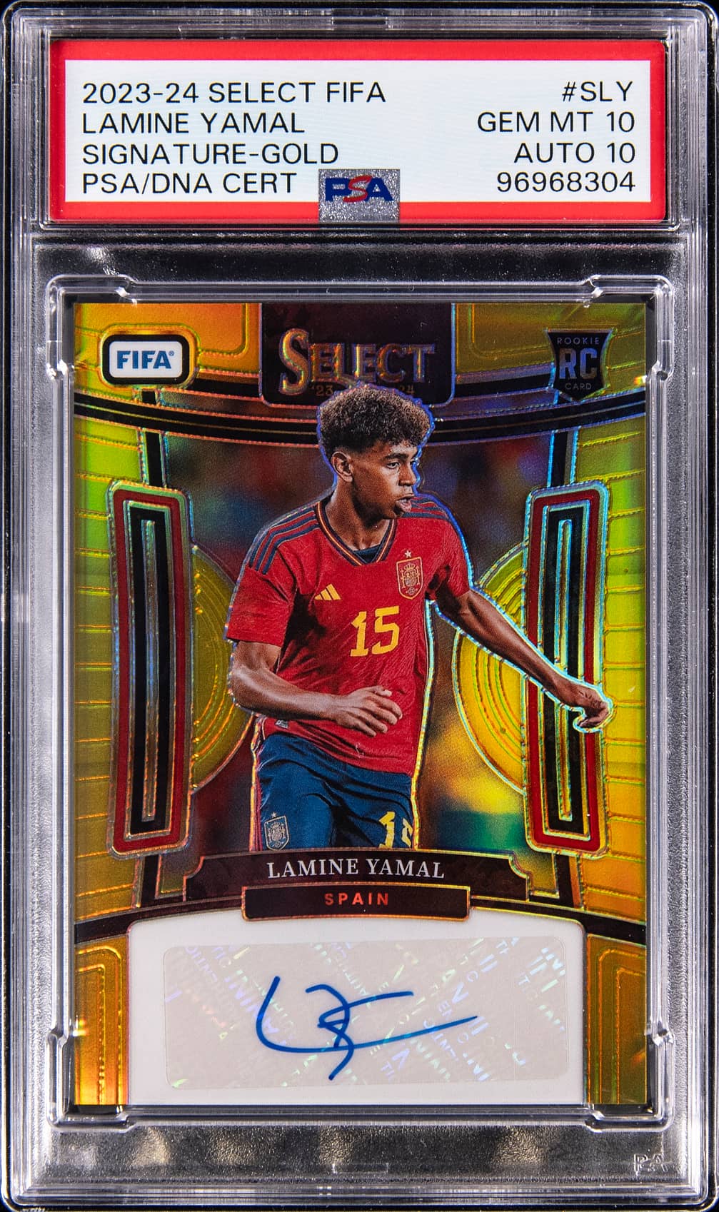 2023-24 Panini Select FIFA Signatures Gold Prizm #S-LY Lamine Yamal Signed Rookie Card (#10/10) - Jersey Number - PSA 10, PSA/DNA GEM MT 10