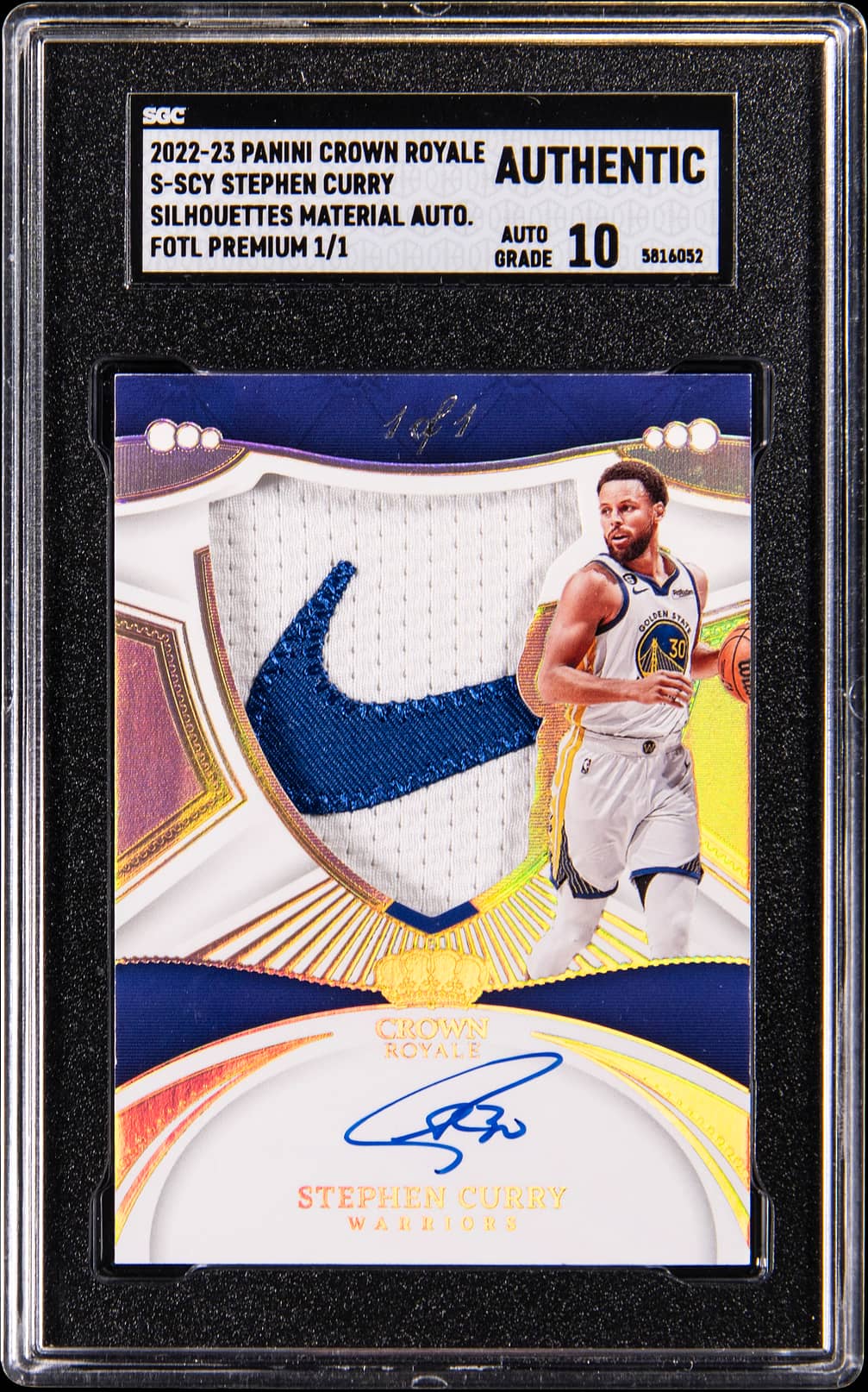 2022-23 Panini Crown Royale Silhouettes Material Autograph FOTL Premium #S-SCY Stephen Curry Signed Patch Card (#1/1) - SGC Authentic, SGC 10