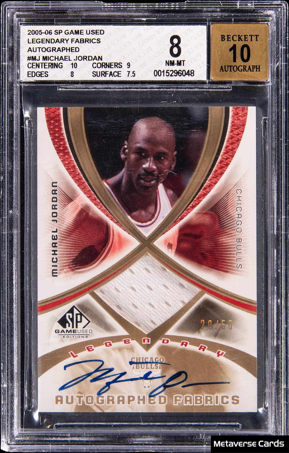 2005-06 Upper Deck SP Game Used Legendary Fabrics Autograph #ALF-MJ Michael Jordan Signed Game-Used Relic Card (#20/50) - BGS 8, Beckett 10