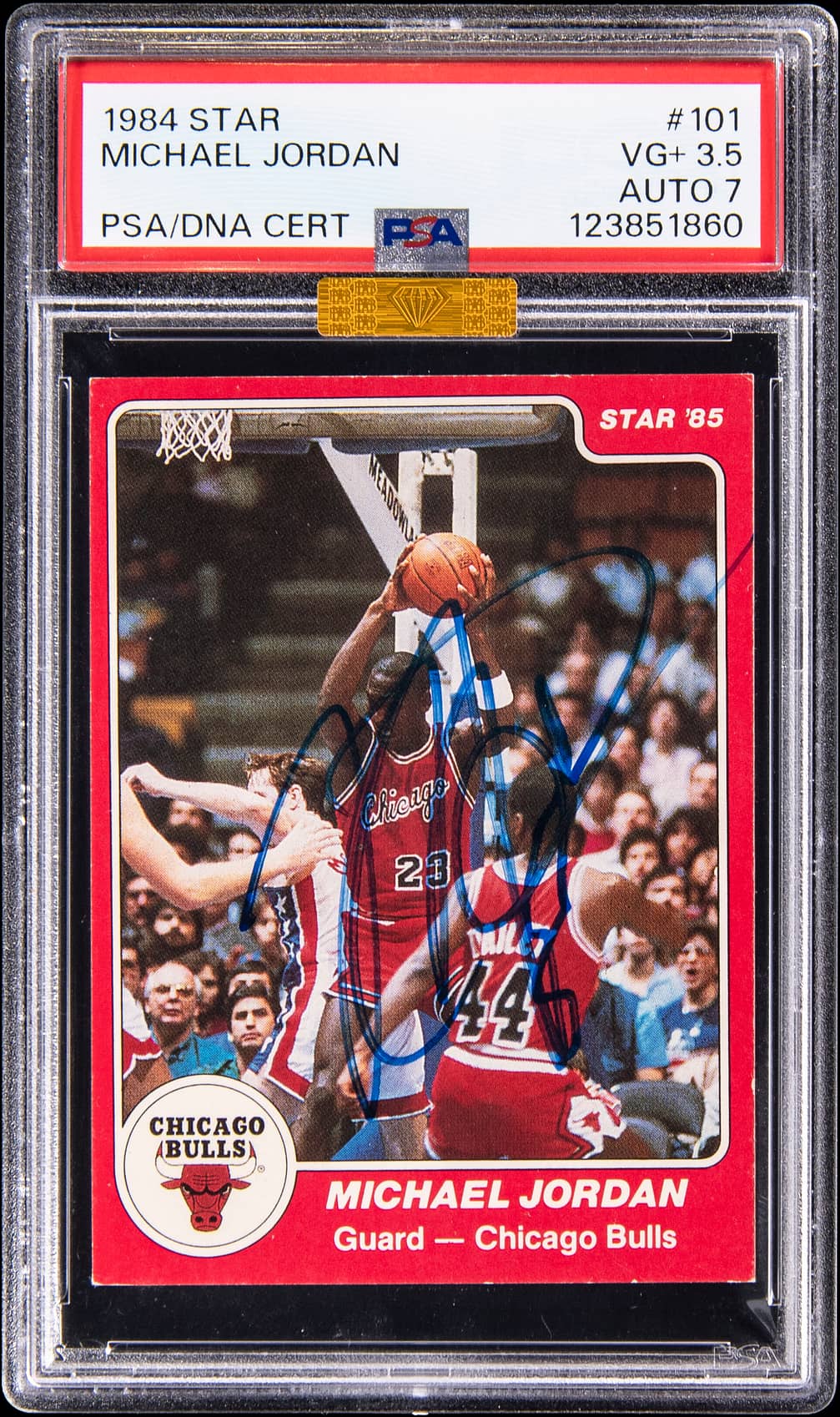 1984-85 Star #101 Michael Jordan Signed Rookie Card Including Rare Period-Style/Vintage-Era Autograph - PSA 3.5, PSA/DNA NM 7 - MBA Gold Diamond Certified, G.O.A.T. Authentics LOA