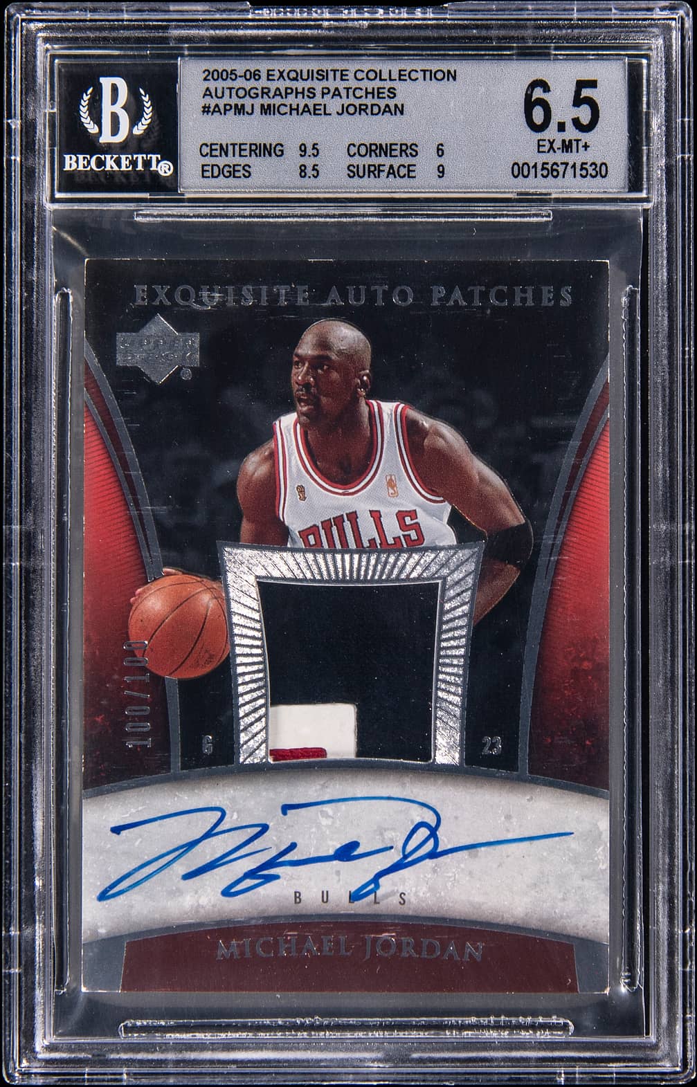 2005-06 Upper Deck Exquisite Collection Autograph Patches #AP-MJ Michael Jordan Signed Game-Used Patch Card (#100/100) - BGS 6.5, Beckett 10