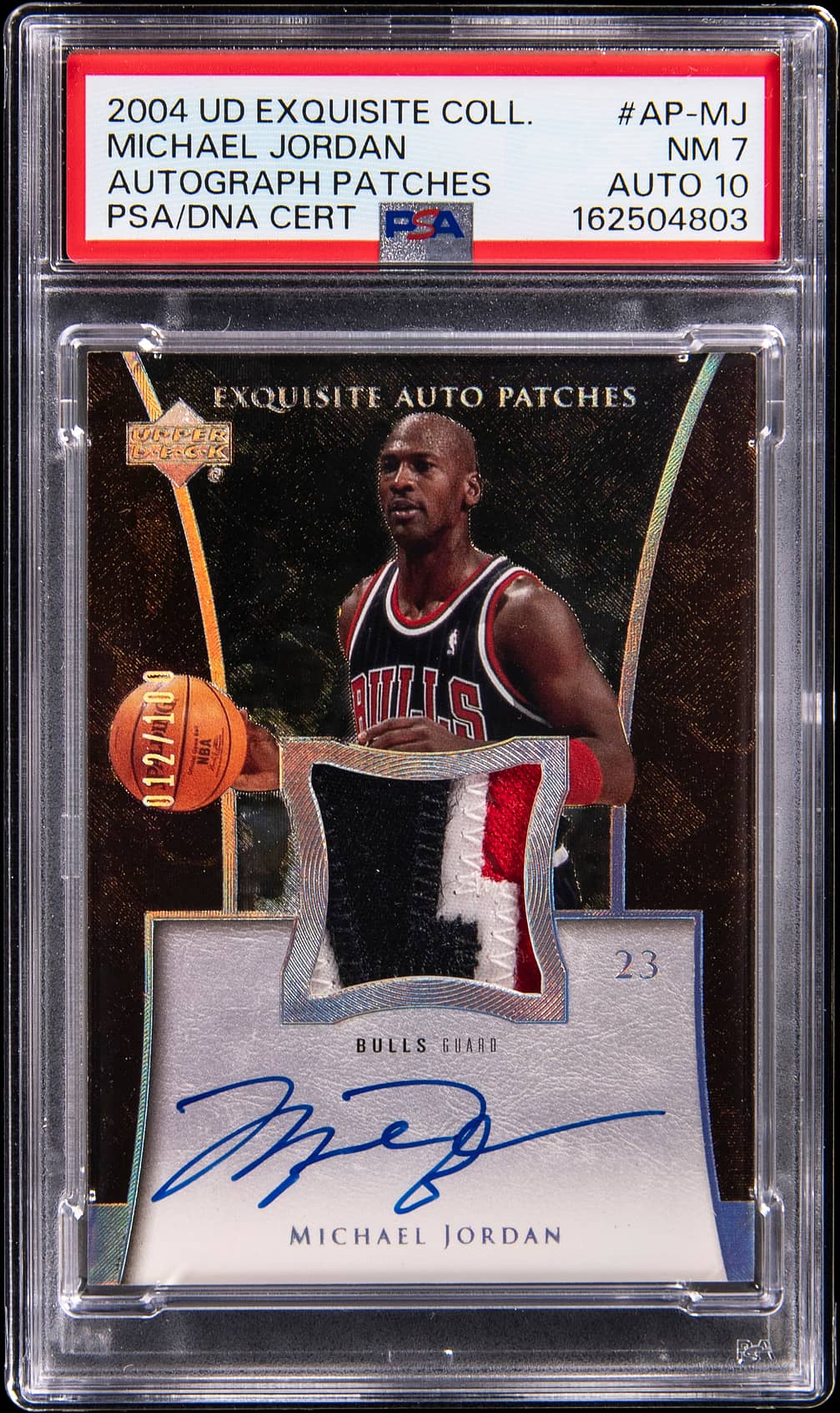 2004-05 Upper Deck Exquisite Collection Autograph Patches #AP-MJ Michael Jordan Signed Game-Used Patch Card (#012/100) - PSA 7, PSA/DNA GEM MT 10