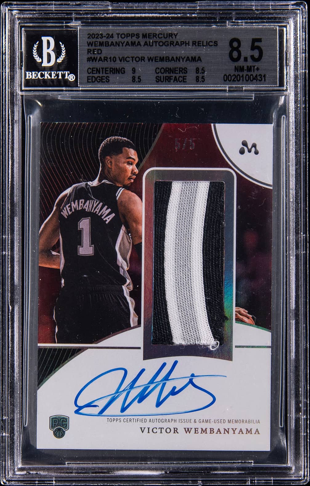 2023-24 Topps Mercury Victor Wembanyama Autograph Relic Red #WAR-10G Victor Wembanyama Signed Game-Used Patch Rookie Card (#5/5) - BGS 8.5