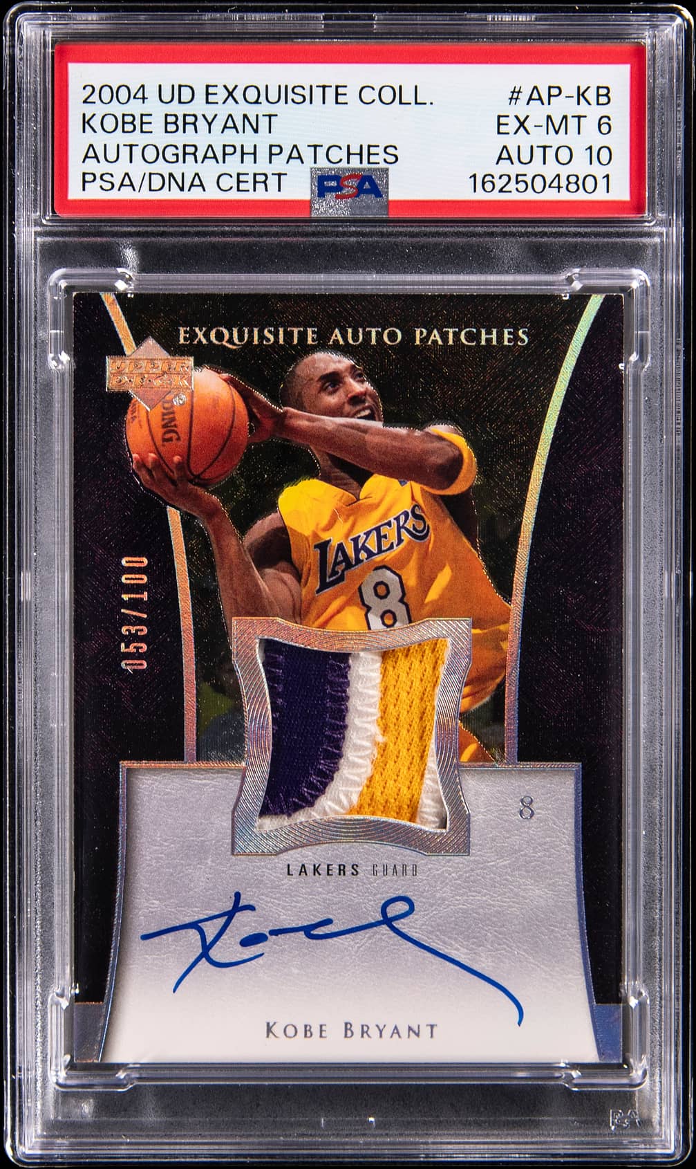 2004-05 Upper Deck Exquisite Collection Autograph Patches #AP-KB Kobe Bryant Signed Game-Used Patch Card (#053/100) - PSA 6, PSA/DNA GEM MT 10