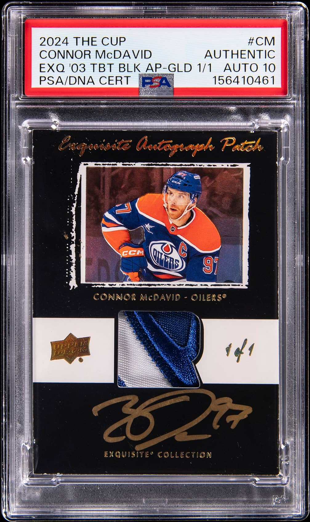 2024-25 Upper Deck The Cup Exquisite Collection '03-'04 Tribute Black Autograph Patch Gold #EB-CM Connor McDavid Signed Game-Used Patch Card (#1/1) - PSA Authentic, PSA/DNA GEM MT 10