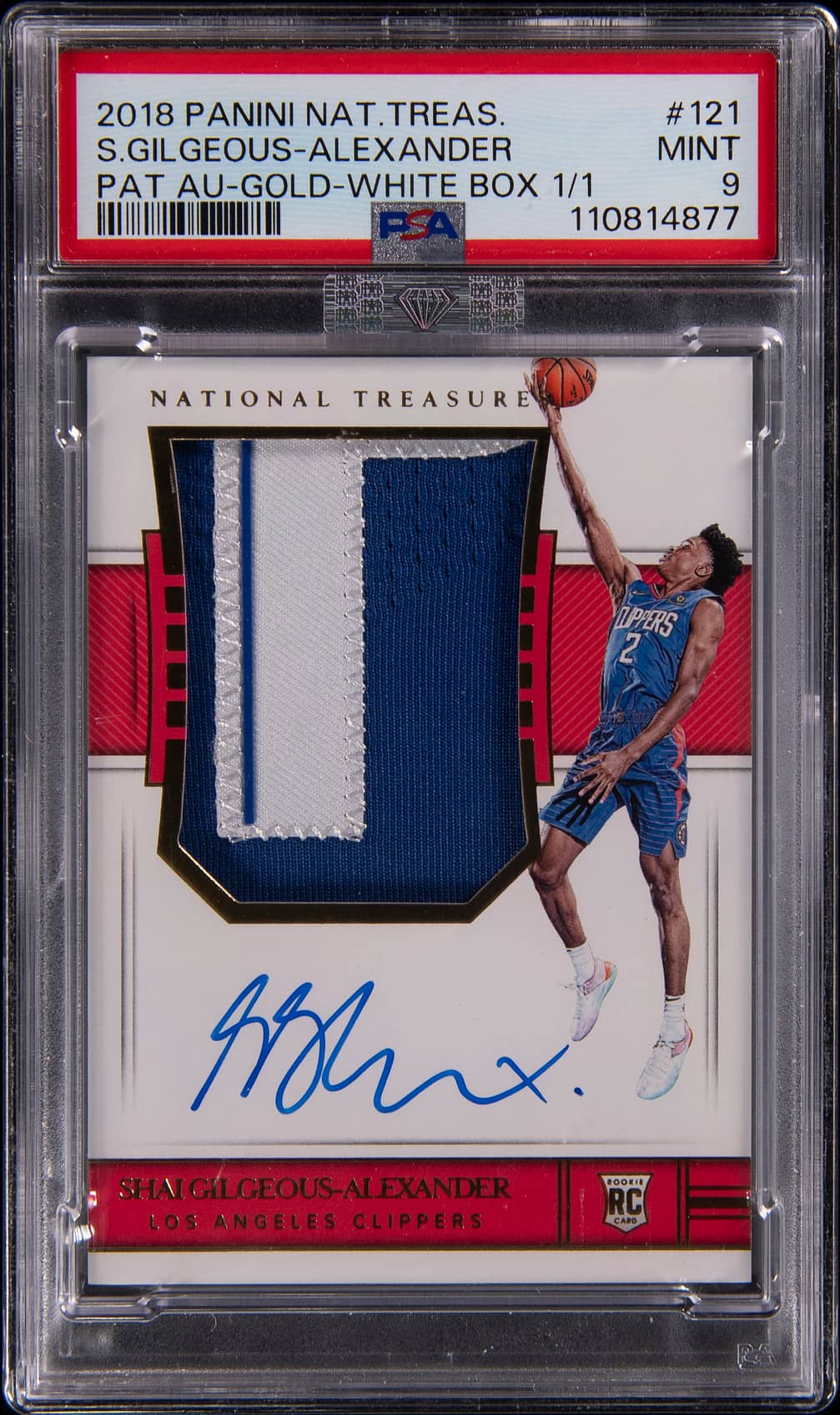 2018-19 Panini National Treasures Rookie Patch Autograph (RPA) Gold White Box #121 Shai Gilgeous-Alexander Signed Patch Rookie Card (#1/1) - PSA 9, MBA Silver Diamond Certified