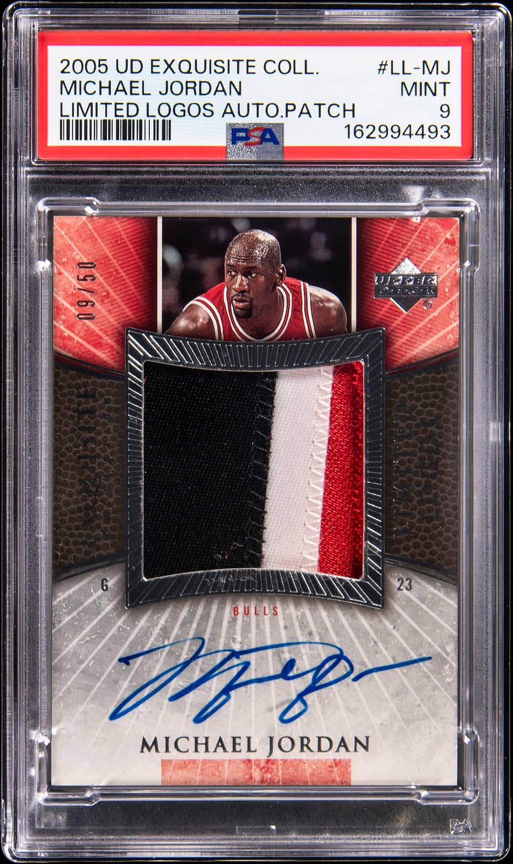 2005-06 Upper Deck Exquisite Collection Limited Logos Autographed Patch #LL-MJ Michael Jordan Signed Game-Used Patch Card (#09/50) - PSA 9
