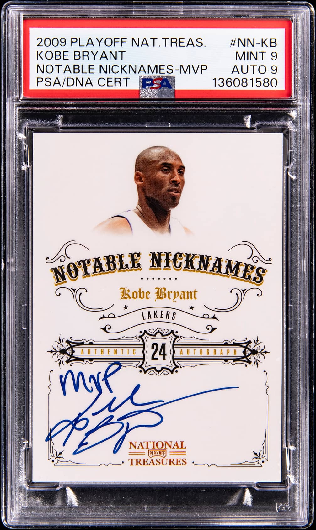 2009-10 Panini Playoff National Treasures Notable Nicknames MVP #NN-KB Kobe Bryant Signed, Inscribed "MVP" Card (#12/35) - PSA 9, PSA/DNA Mint 9