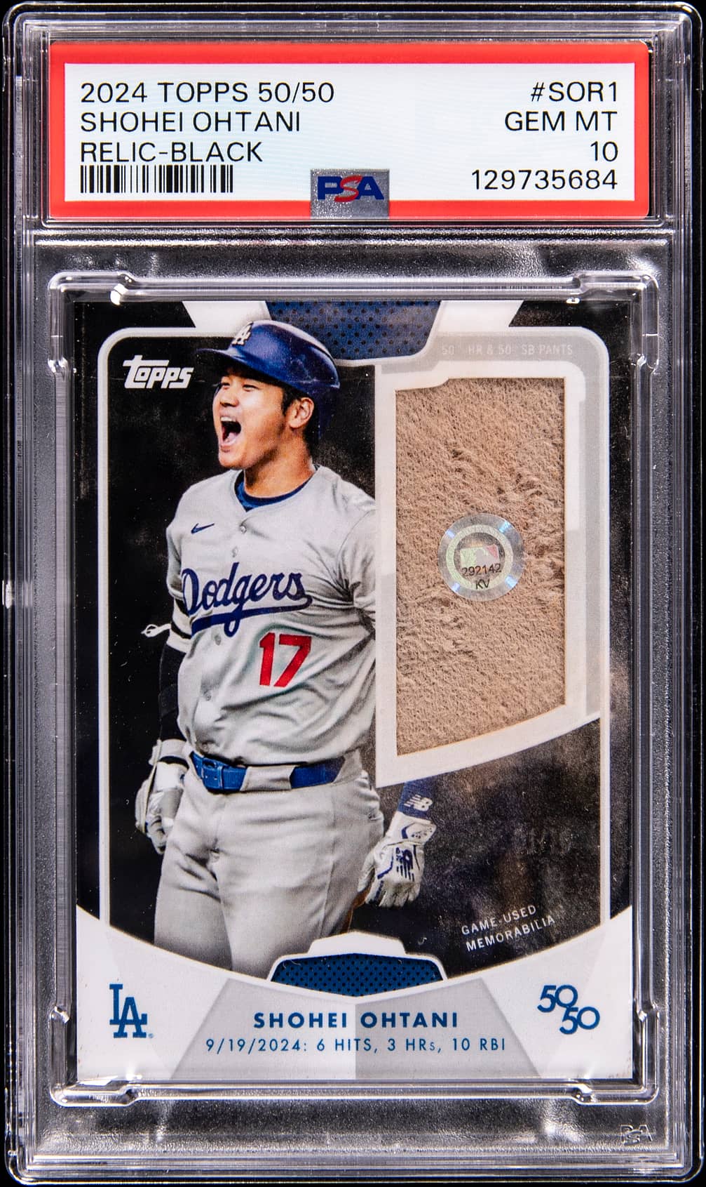 2024 Topps 50/50 Shohei Ohtani Relic Black Foil #SOR-1 Shohei Ohtani Game-Used Pants Relic Card (#01/10) - Used in Historic 50/50 Game on Sept. 19, 2024 - 6 Hits, 3 HR, 10 RBI - PSA 10, MLB Authenticated