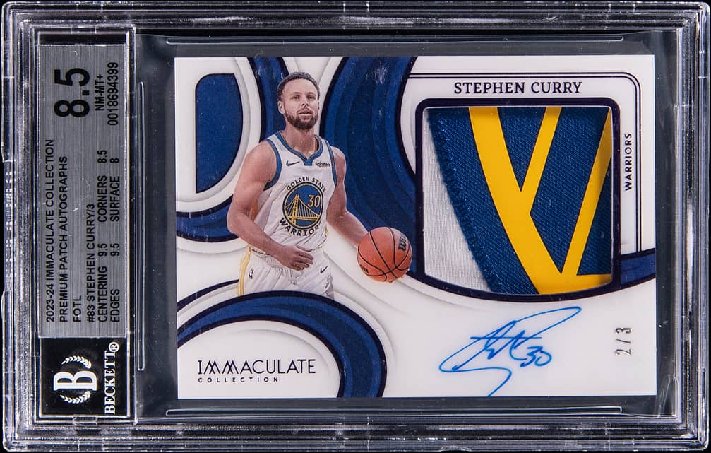 2023-24 Panini Immaculate Collection Premium Patch Autographs 1st Off the Line (FOTL) #PPA-CUR Stephen Curry Signed Patch Card (#2/3) - BGS 8.5