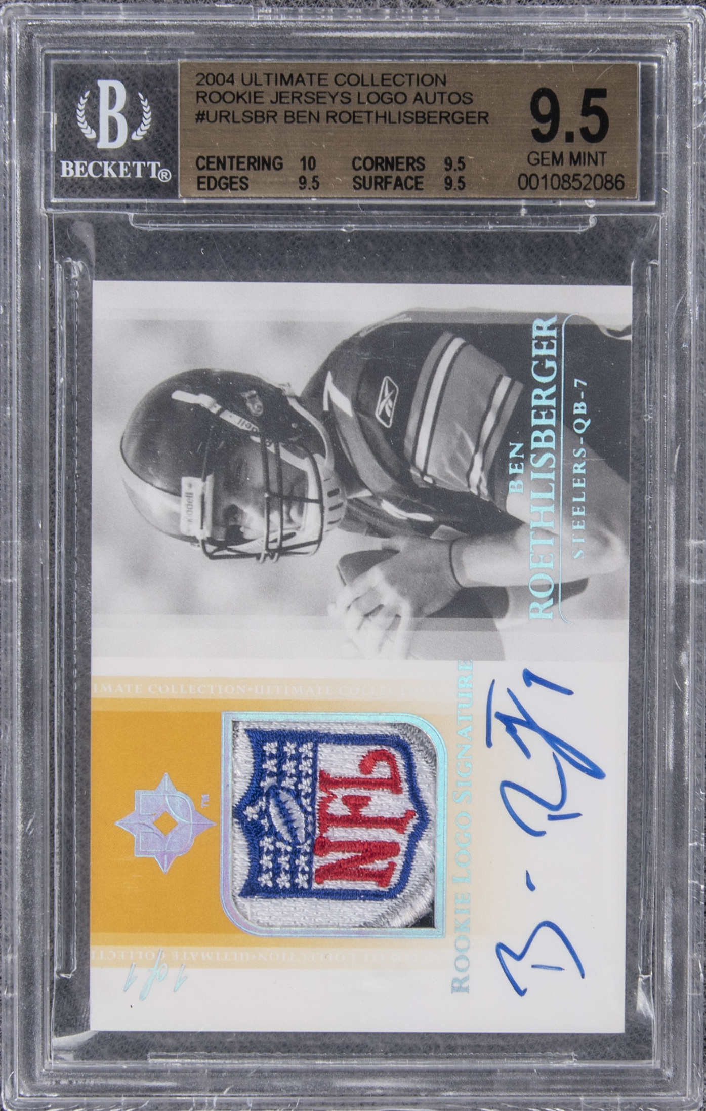 2004 UD Ultimate Collection "Rookie Jerseys Logo Autos" #URLSBR Ben Roethlisberger Signed "NFL Shield" Patch Rookie Card (#1/1) - BGS 9.5/BGS 10