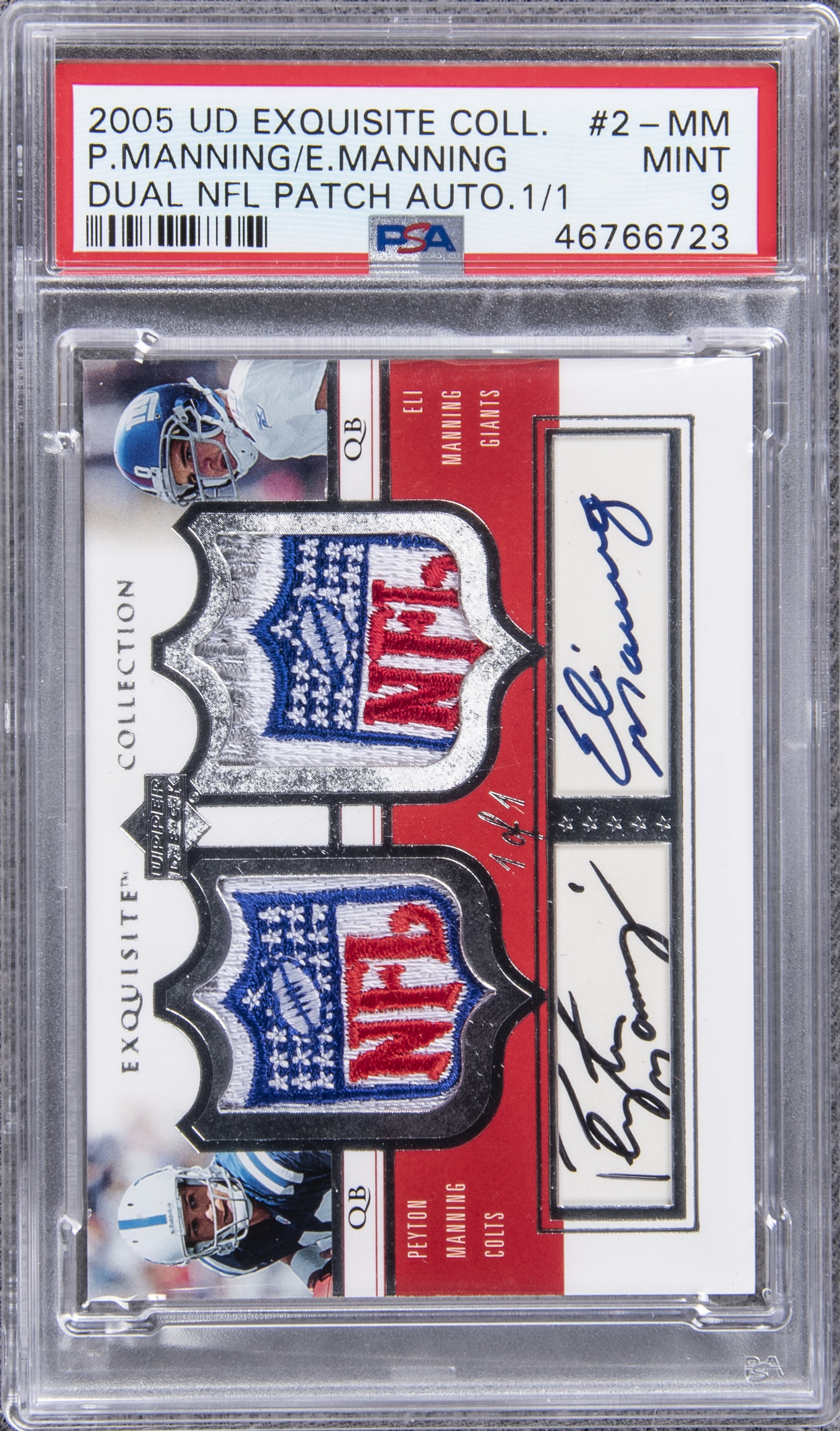 2005 Upper Deck "Exquisite Collection" Dual NFL Patch Autographs #2-MM Peyton Manning/Eli Manning Signed NFL Shield Game Worn Patch Card (#1/1) - PSA 9