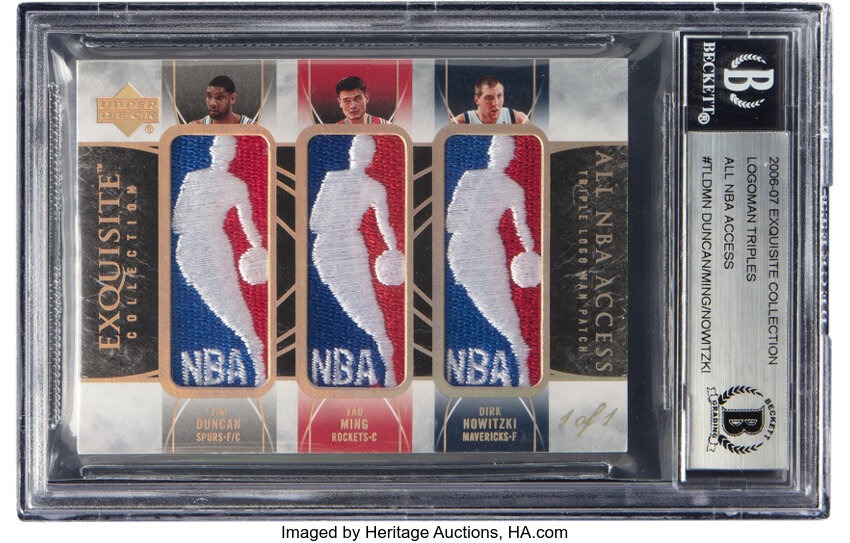 2006 Upper Deck Exquisite Collection Triple Logoman All NBA Access Patches - Tim Duncan, Yao Ming, Dirk Nowitzki #TL-DMN Beckett - #'d 1/1