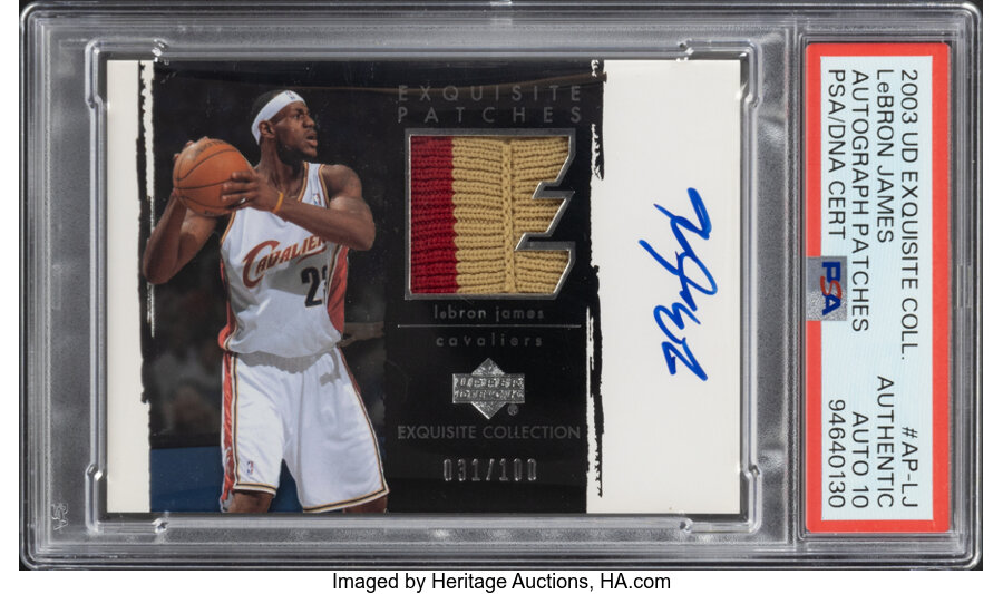 2003 Upper Deck Exquisite Collection LeBron James (Autograph Patches) Rookie #AP-LJ PSA Authentic, PSA/DNA Auto 10 - #'d 031/100 - From the Yeow Exquisite Hidden Collection