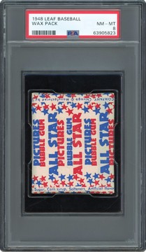 1948 Leaf Baseball 5-Cent Wax Pack w/6 Cards from the "Short-Print" Series (PSA 8) - PSA; Possible HOF Short Prints incl. Satchel Paige, Bob Feller, Hal Newhouser, George Kell, Enos Slaughter & Larry Doby