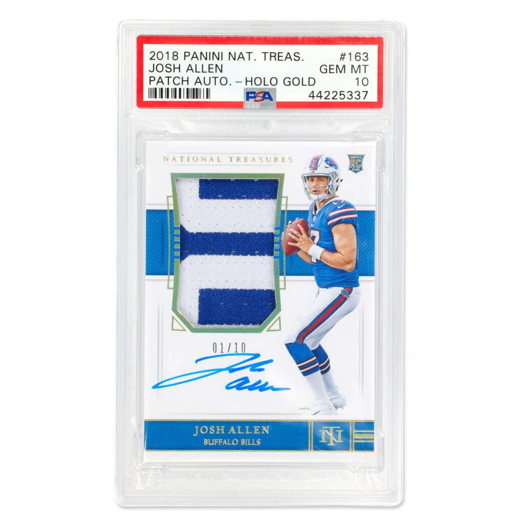 Josh Allen Buffalo Bills 2018 Panini National Treasures Football Holo Gold Rookie Patch Autograph 01/10 #163 PSA 10 | Rookie Card | On-Card Autograph | Player-Worn Patch