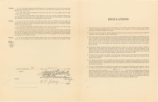 Historic 1925 Lou Gehrig Signed New York Yankees Player's Contract For His First Full Season & The Start Of His Historic Streak!